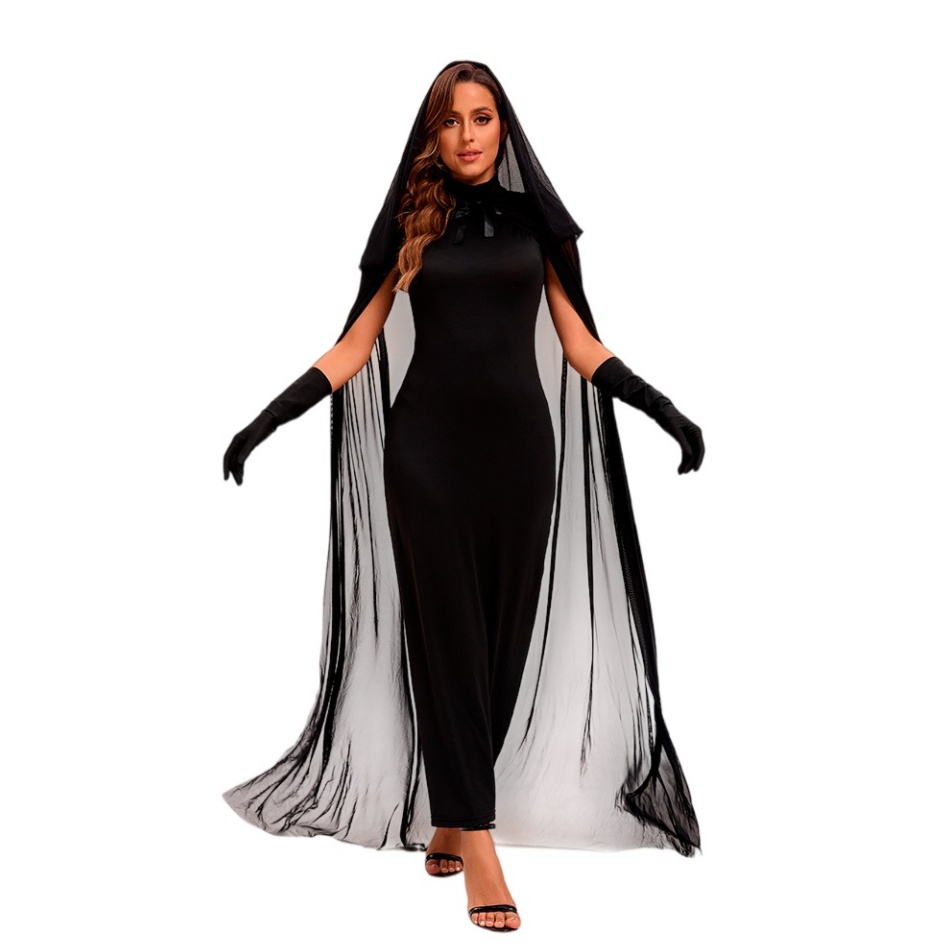 Halloween Witch Vampire Costume - Women Black Sheer Mesh Hooded Cape